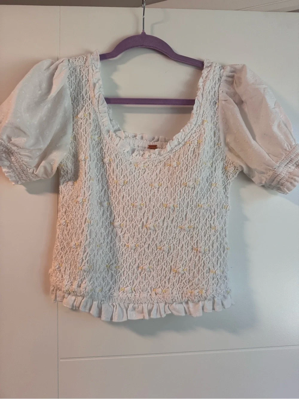 Free People Cecelia White Smocked Blouse with Yellow Embroidery